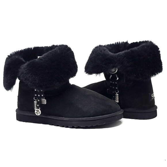 Ugg Azalea Charms Black Suede Short Shearling Sherpa Bootie Boot Women's Size 9 - Picture 2 of 12